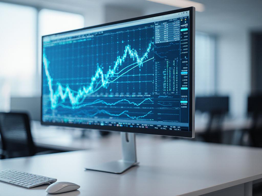 Clean workspace with multiple financial charts and AI data visualizations on a monitor