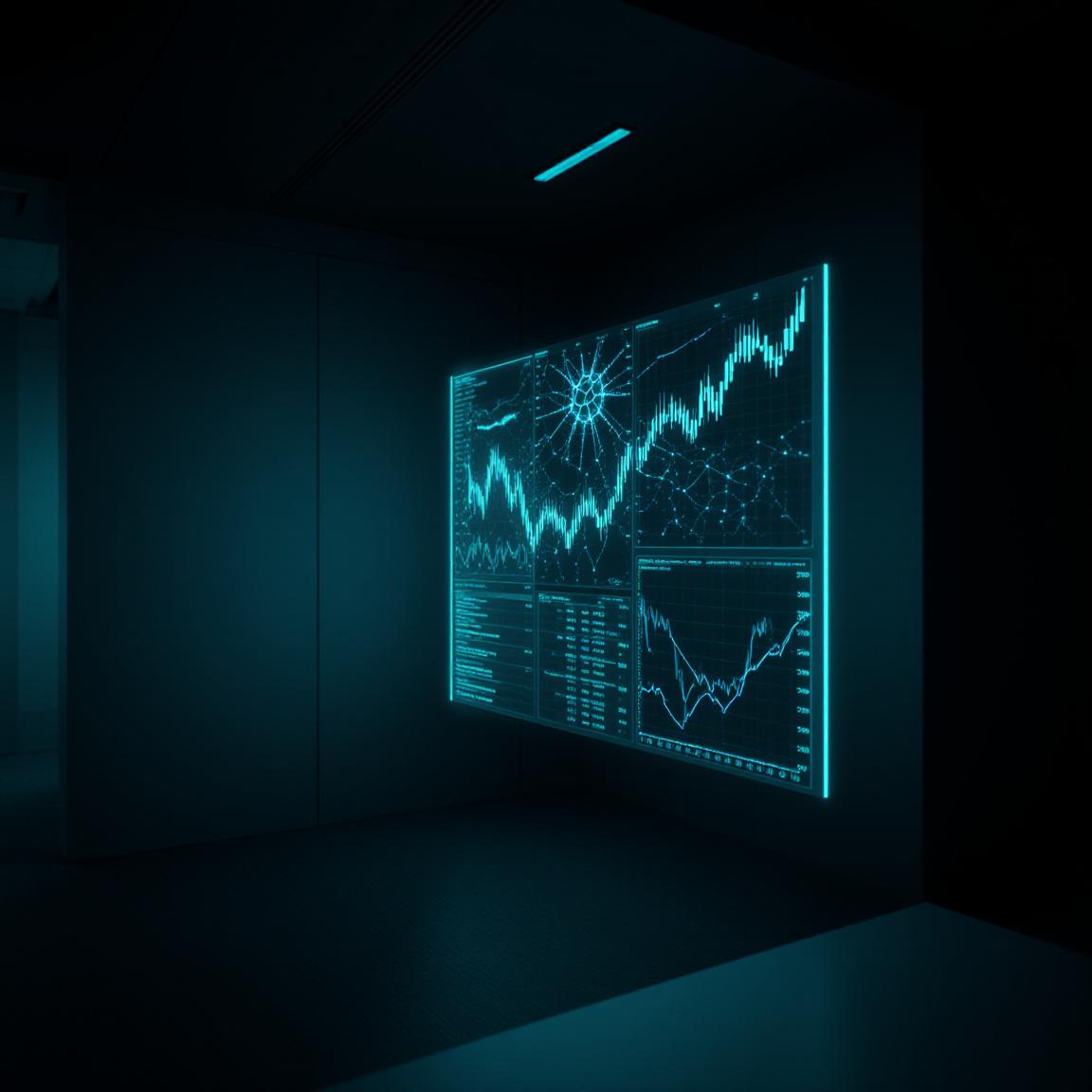 Futuristic holographic financial data visualization representing Stellar Trade AI's AI tech