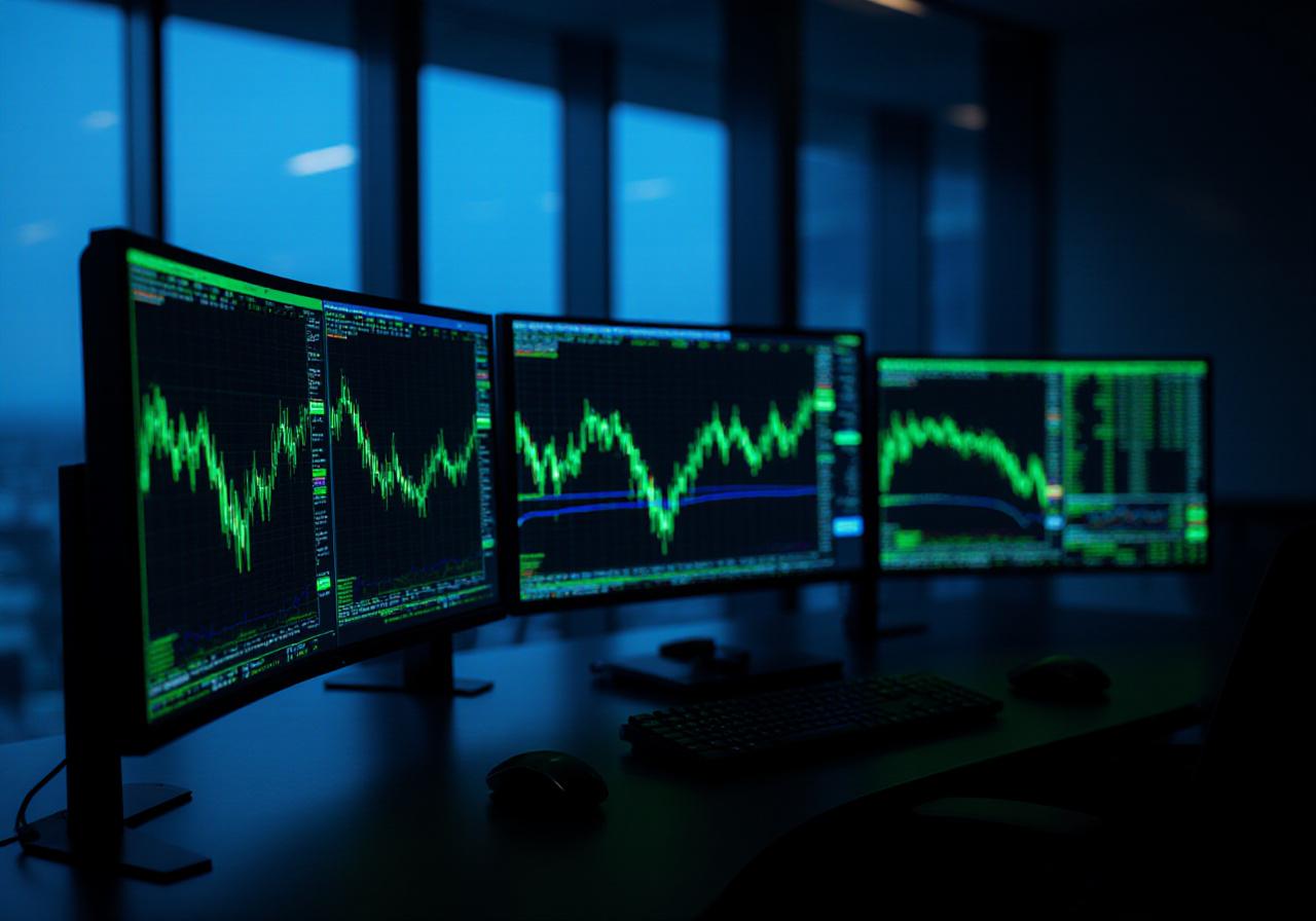 AI-powered algorithmic trading desk with multiple monitors displaying market data