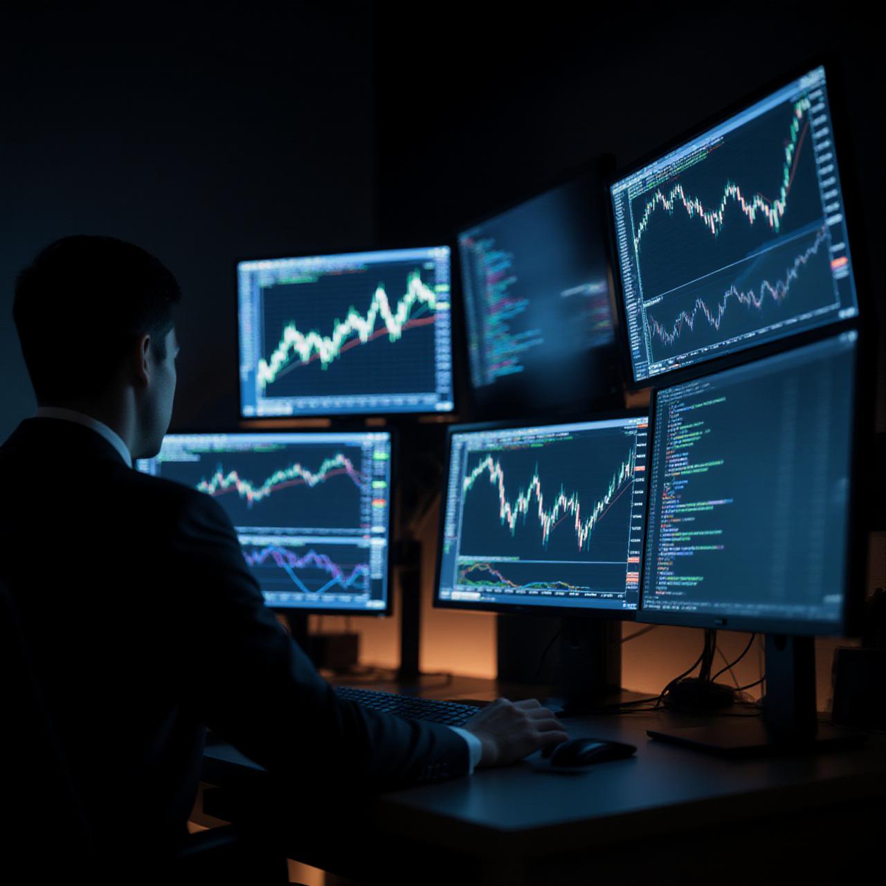 Close up of high-end trading workstation with multi-screen setups